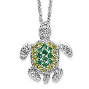 Sterling Silver Brilliant Cut Green Glass and CZ Turtle Necklace Pendant 18"